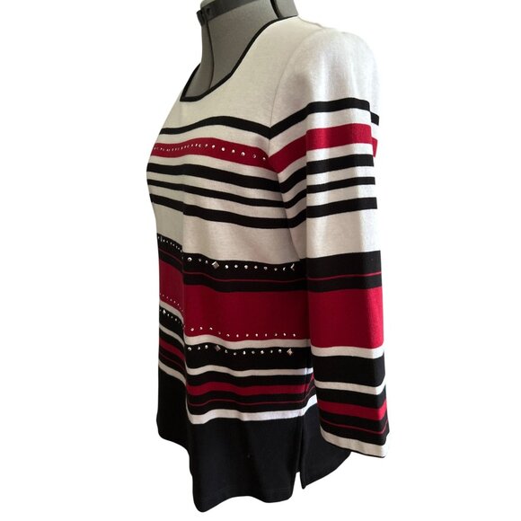Alfred Dunner Red Wh Blk Striped Stud Embellished 3/4 Sleeve Scoop Neck Top S - Picture 2 of 7